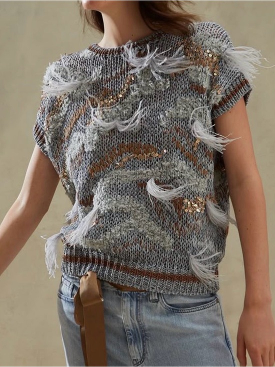Brunello Cucinelli Sweaters - Brunello Cucinelli Gray Brown Knit Fringe Sequin Cardigan Sweater